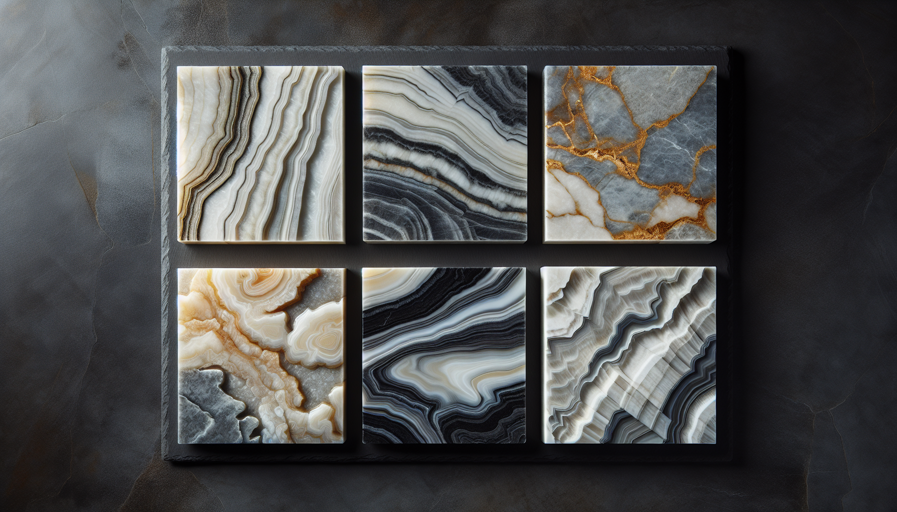Five quartzite stone samples on dark background showing White Macaubas, Taj Mahal, Sea Pearl, Fantasy Brown, and Cristallo varieties